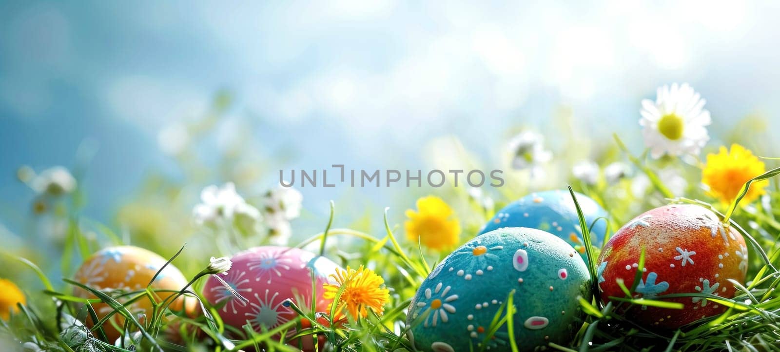 Happy Easter. Decorated Easter eggs on green grass on a sunny spring day. Easter banner with copy space