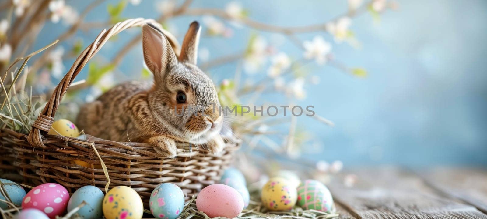 Cute young Easter bunny in a wicker basket with dyed eggs on a wooden table. Easter banner with copy space