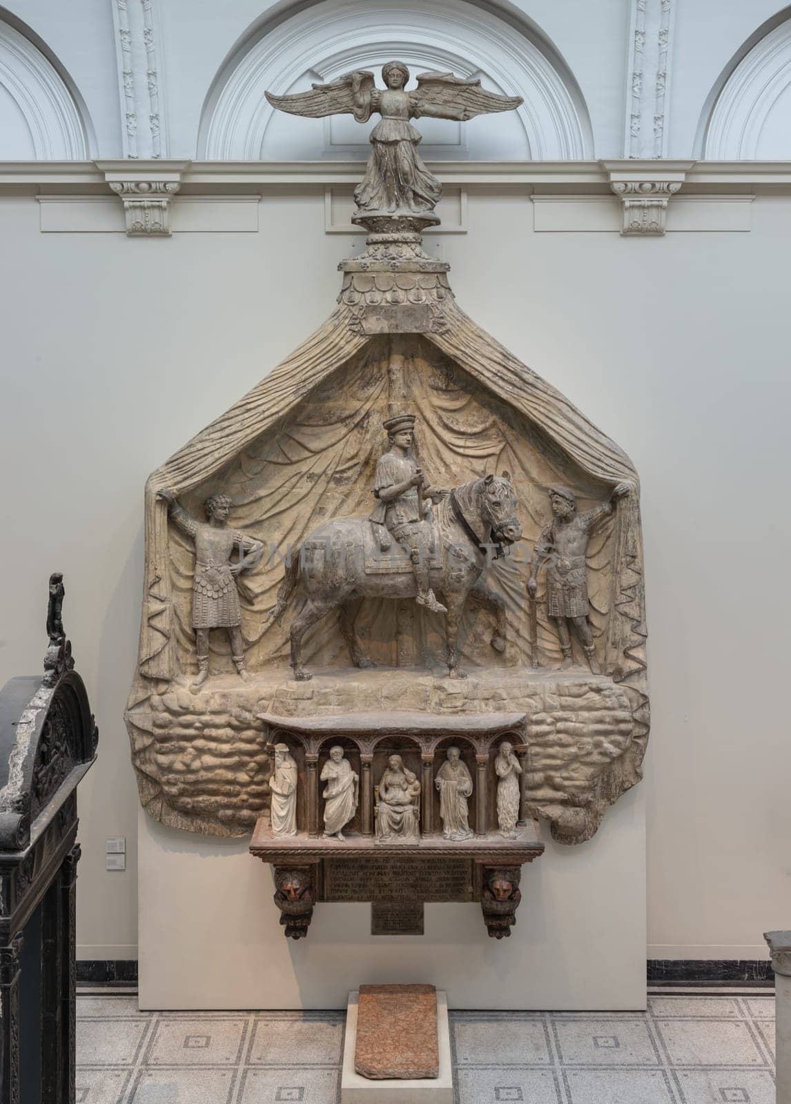 London, UK - Nov 01, 2023 - Monument of Marchese Spinetta Malaspina. Italy, Verona. Stucco and gypsum plaster (restoration) in the Victoria and Albert Museum, Inner decor, Space for text, Selective focus