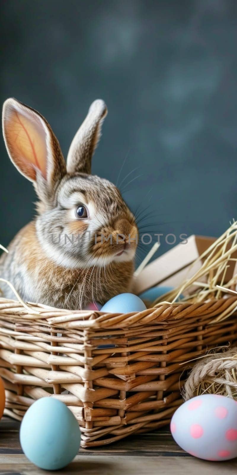 Cute Easter bunny in a wicker basket with dyed eggs on a wooden table. Easter vertical banner for smart phone with copy space