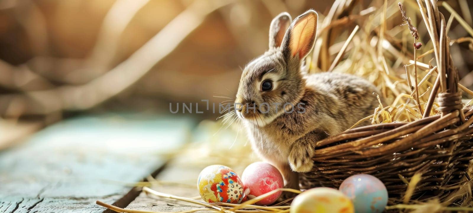 Cute young Easter bunny in a wicker basket with dyed eggs on a wooden table. Easter banner with copy space