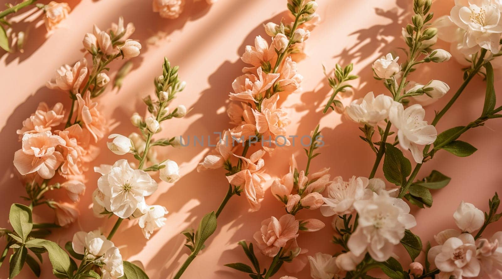 Flowers on a peach background. Spring floral flat lay background by kizuneko