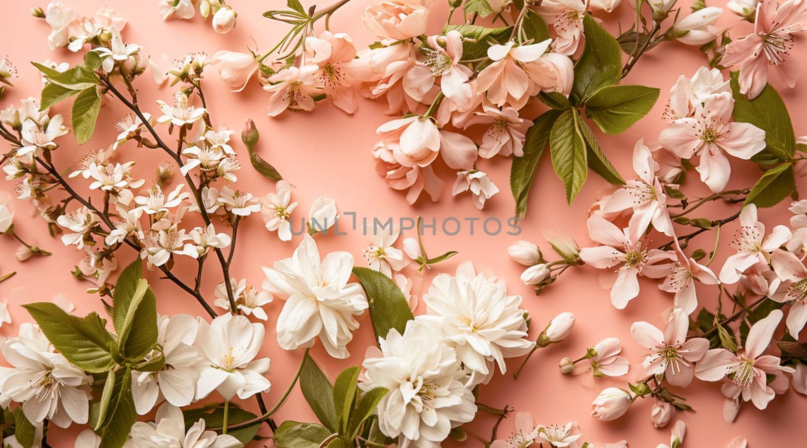 Flowers on a peach background. Spring floral flat lay background by kizuneko