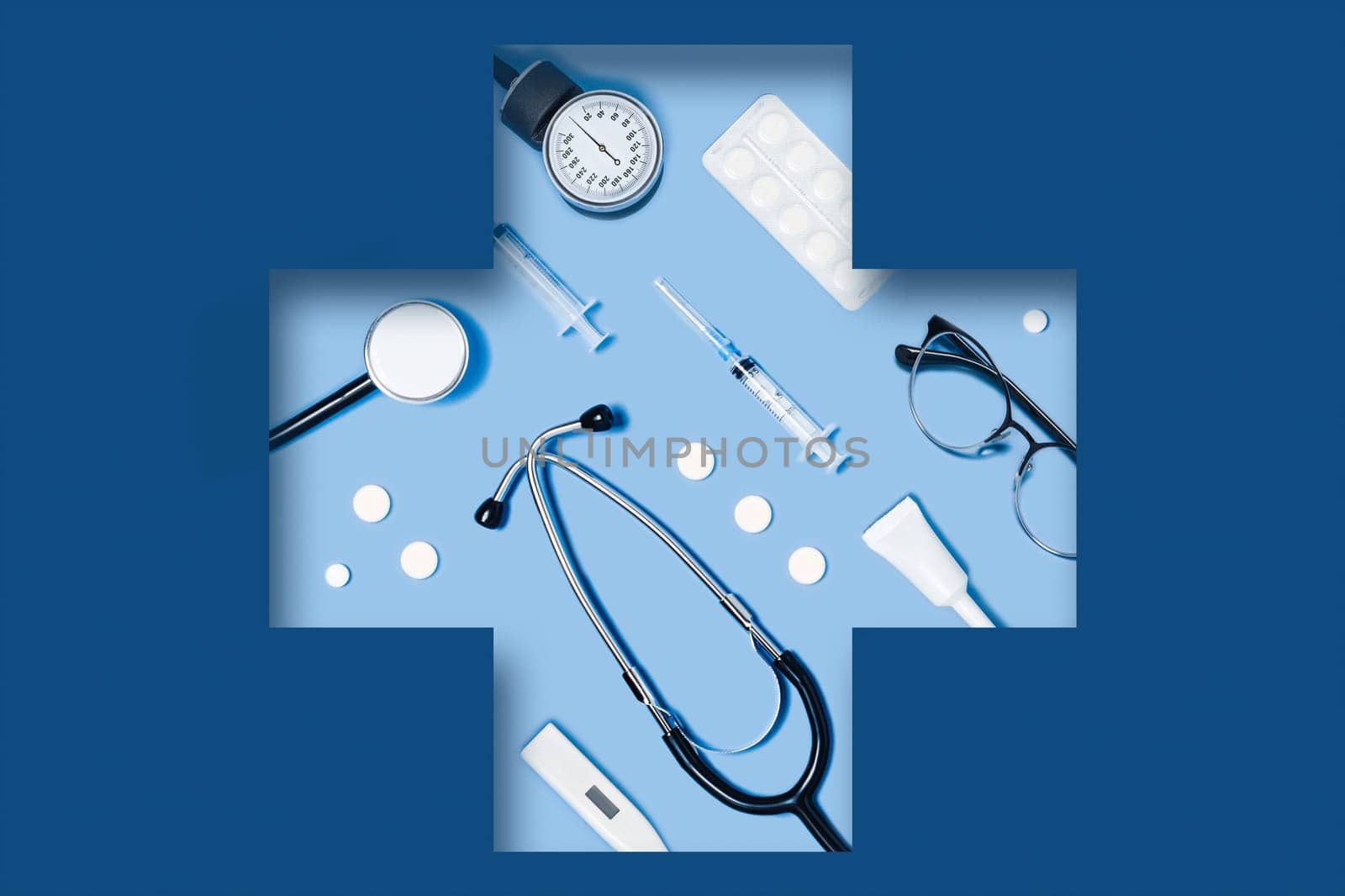 Medical classic blue background with different accessories: stethoscope, syringe and tablets lying in a carved medical cross.