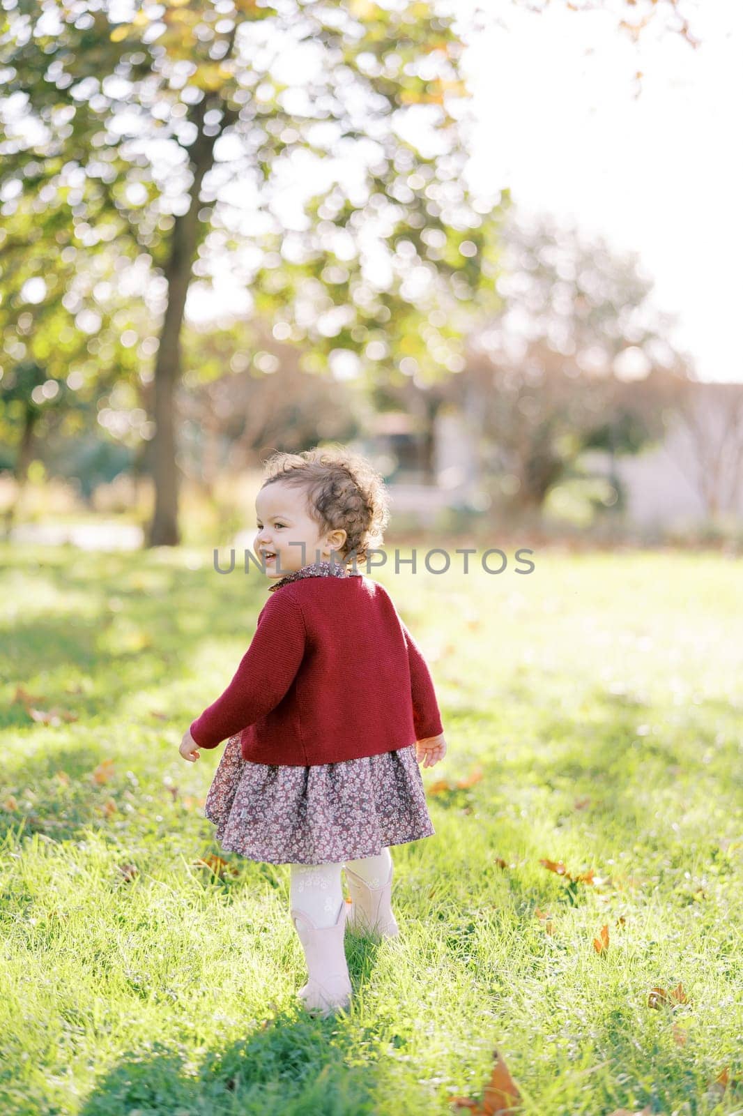Little smiling girl walks among the fallen leaves, turning around. Back view. High quality photo