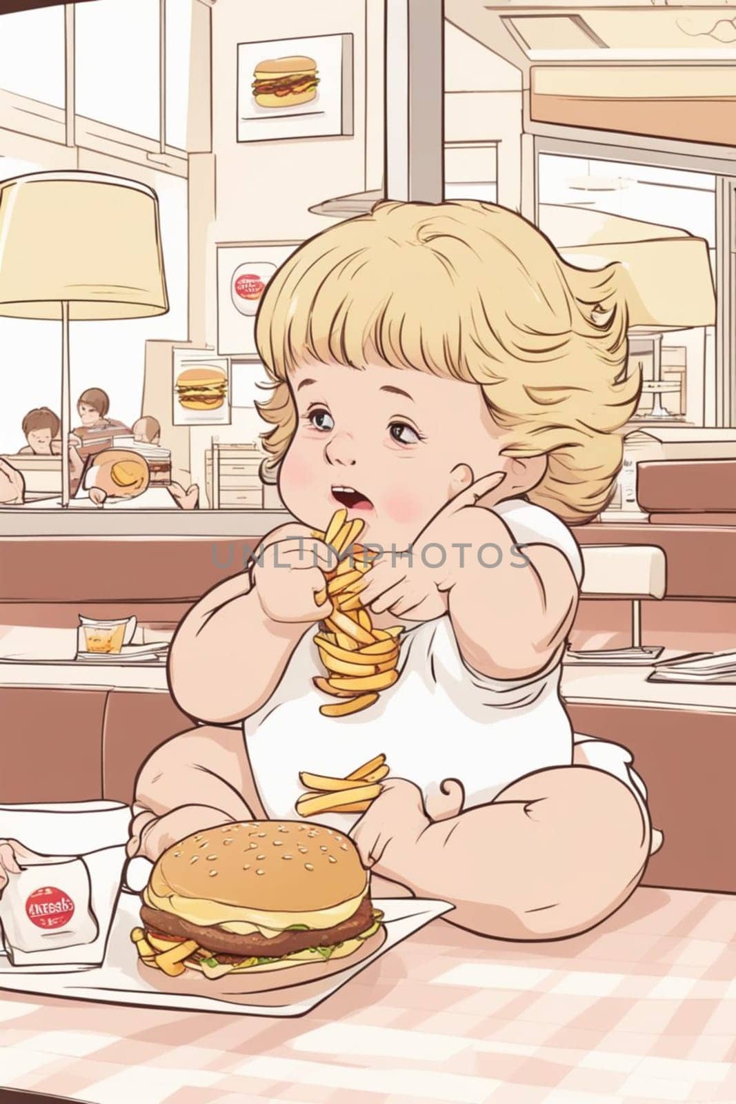 obese boy girl eating fast food , hamburger, french fries - unhealthy eating concept illustration generative ai art