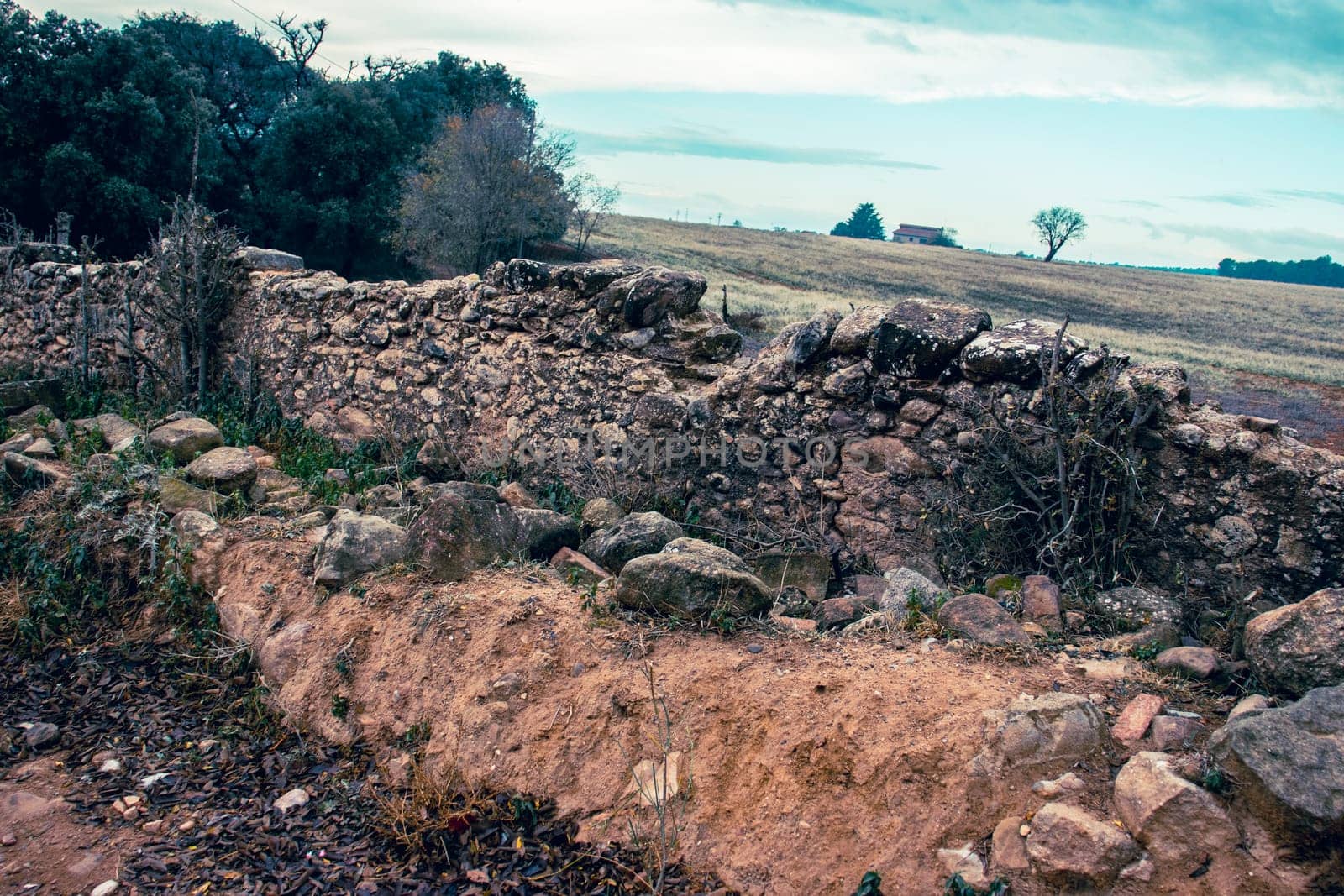 Stone wall in autumn field photo. Farmland in the countryside, simple scene, rural fields landscape. Road scene with old stone fence. High quality picture for wallpaper, article