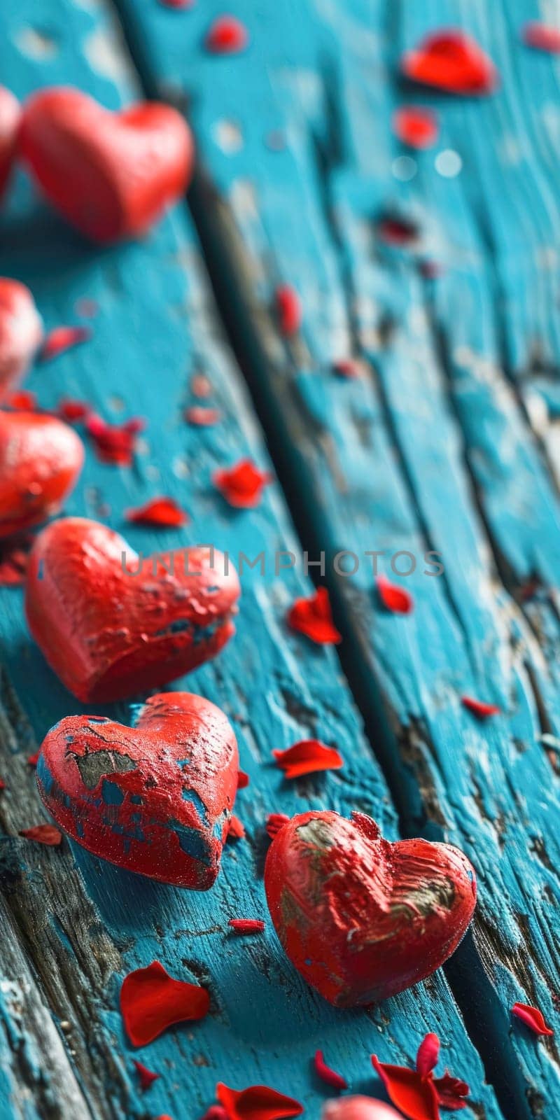 Red hearts on blue wooden background. Valentine's Day backdrop by andreyz