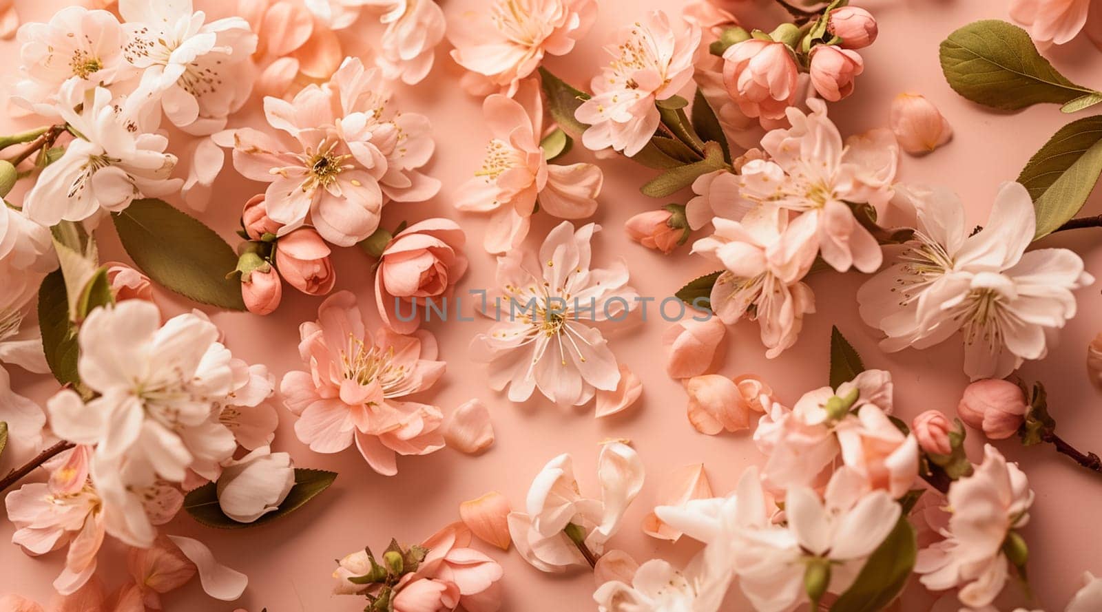 Flowers on a peach background. Spring floral flat lay background by kizuneko