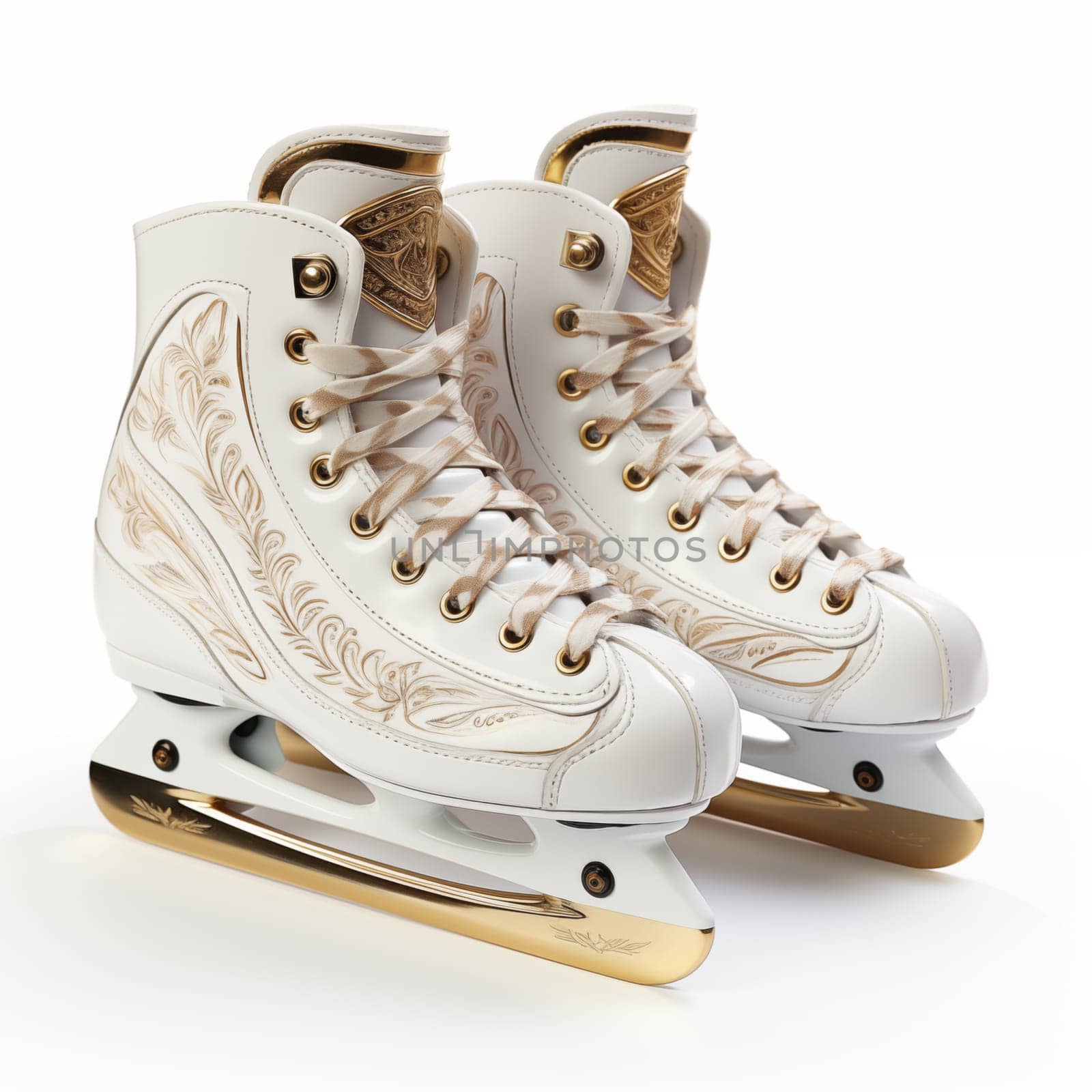 Elegant, white with gold pattern, ice skates, standing isolated on white background.