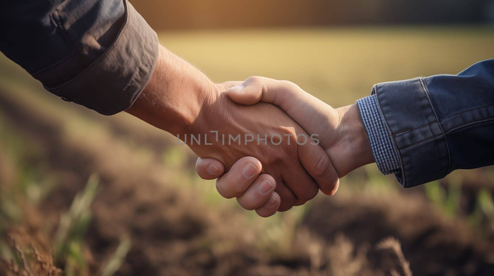 Handshake of two farmers men in shirts, on the background of a farmer's field.