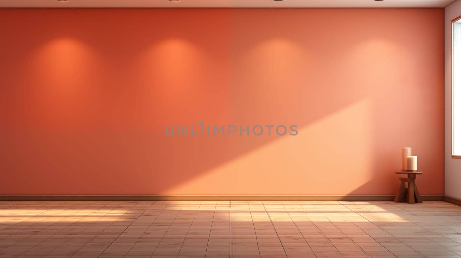A peach-color wall with a front view, a two candles stands on a wooden floor on the side, daylight from windows.