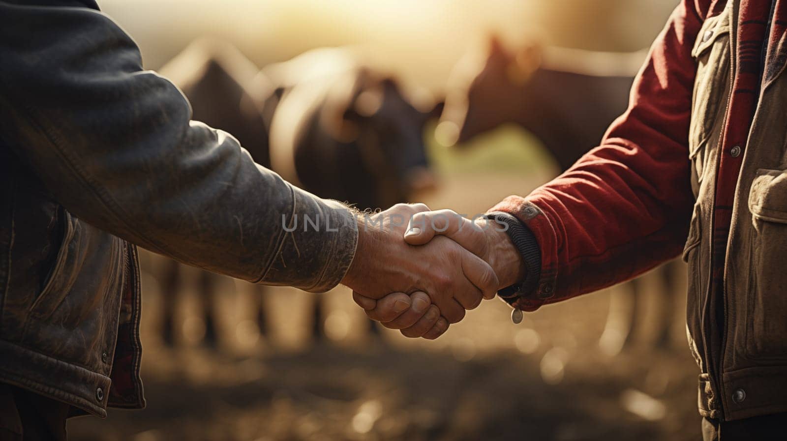 Close up of handshake of two farmers against the background with brown cows by Zakharova