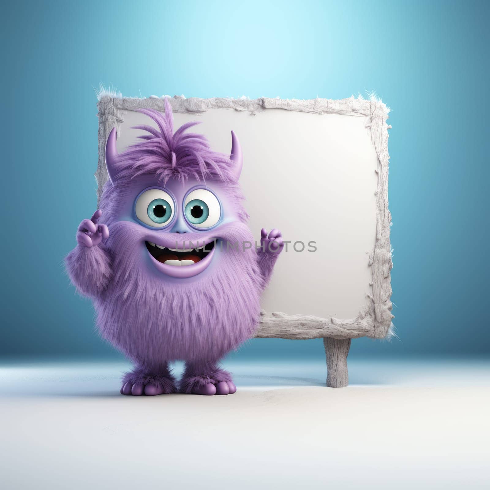 Funny purple monster , standing near white blank banner, isolated on white-blue background. Copy space