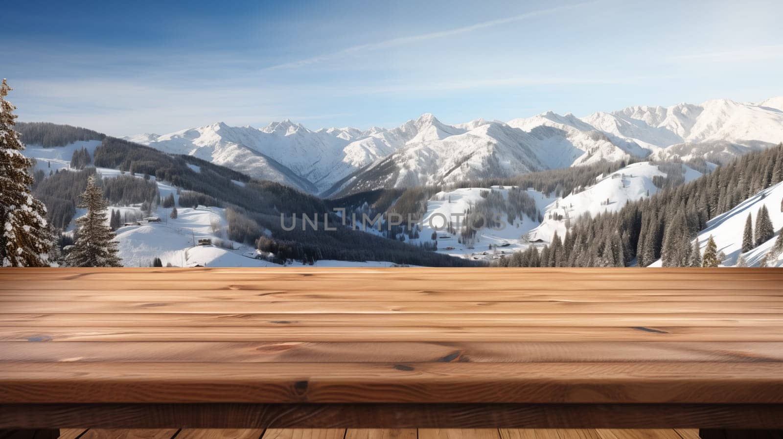 Empty brown wooden countertop, with a beautiful view of the snowy mountains and blue sky.
