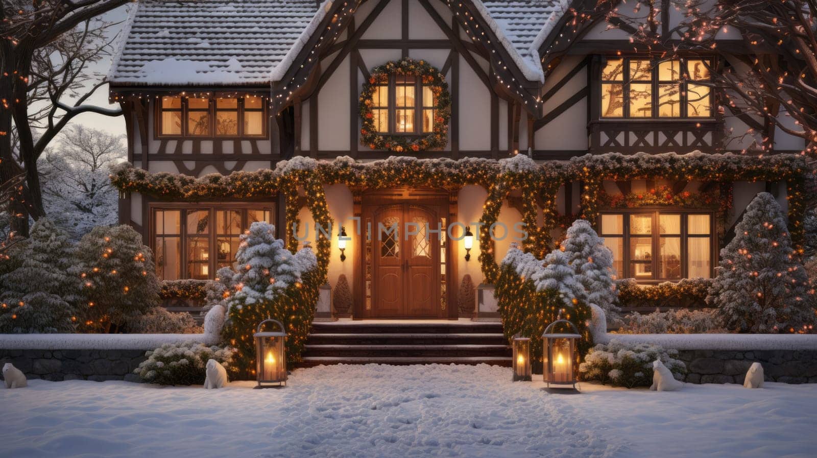 country house, decorated for Christmas, snow-covered, at dusk.