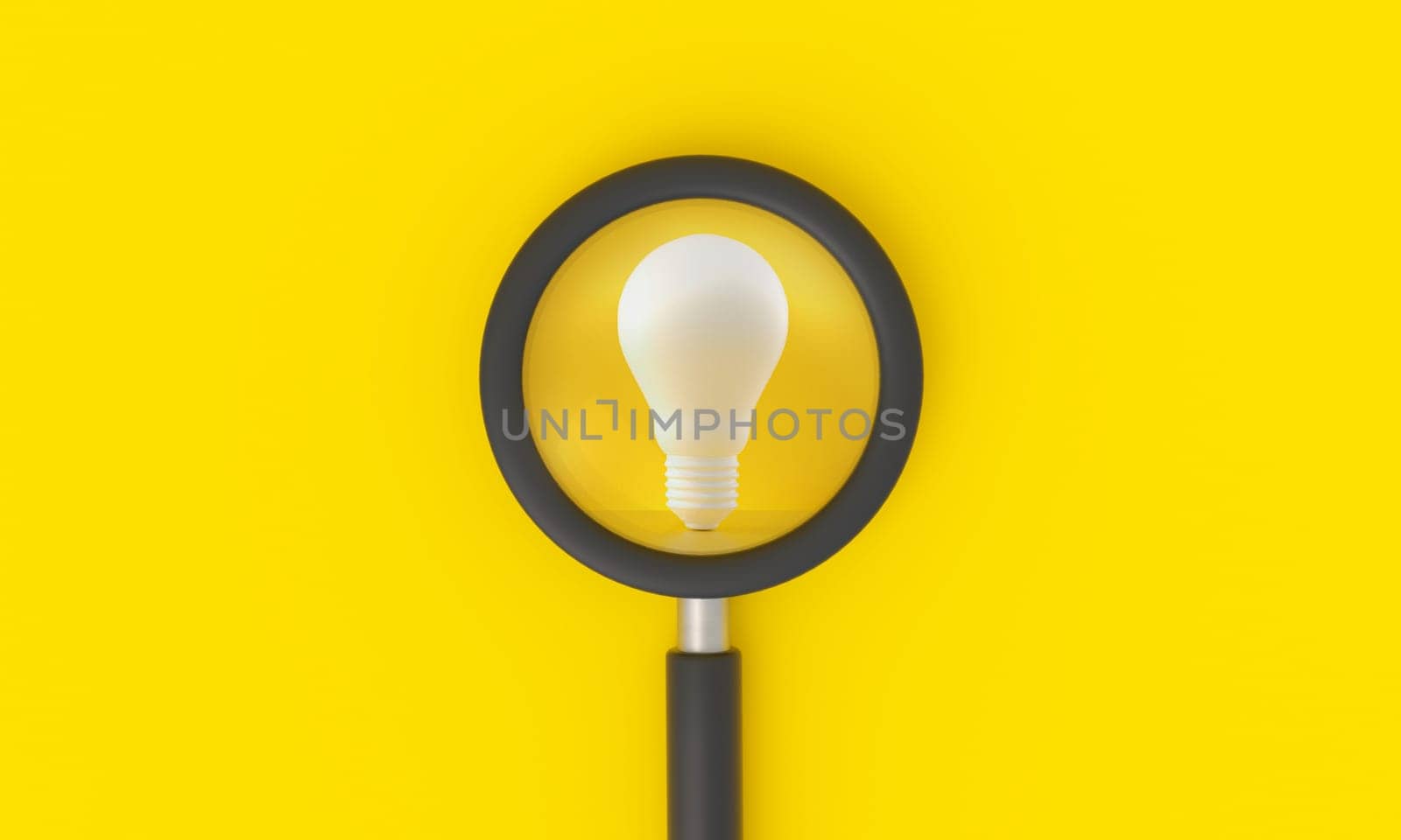 Magnifying glass looking to light bulb on yellow background. by ImagesRouges