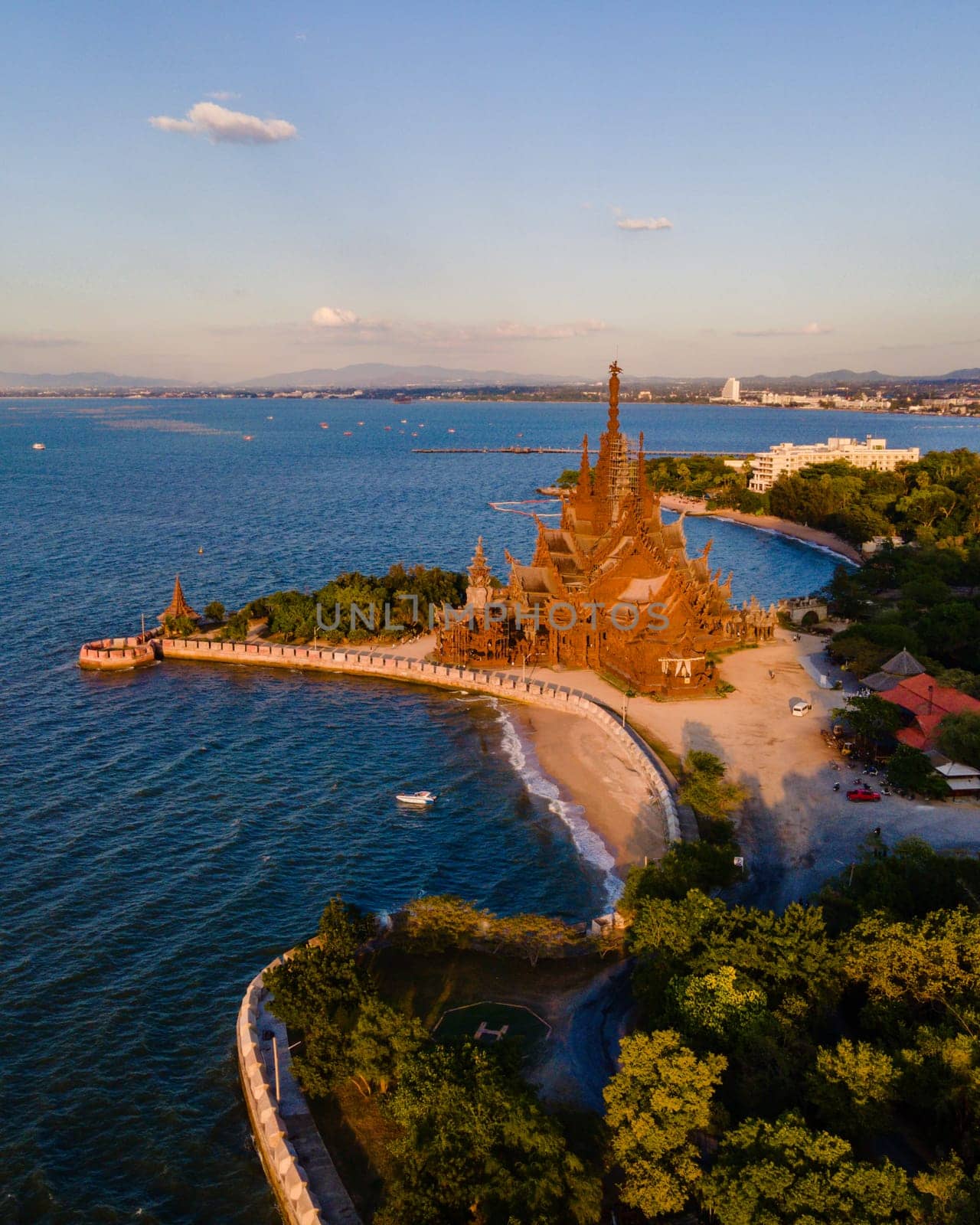 Wooden temple by the ocean of Pattaya, The Sanctuary of Truth wooden temple in Pattaya Thailand is a gigantic wooden construction located at the cape of Naklua Pattaya City Chonburi Thailand