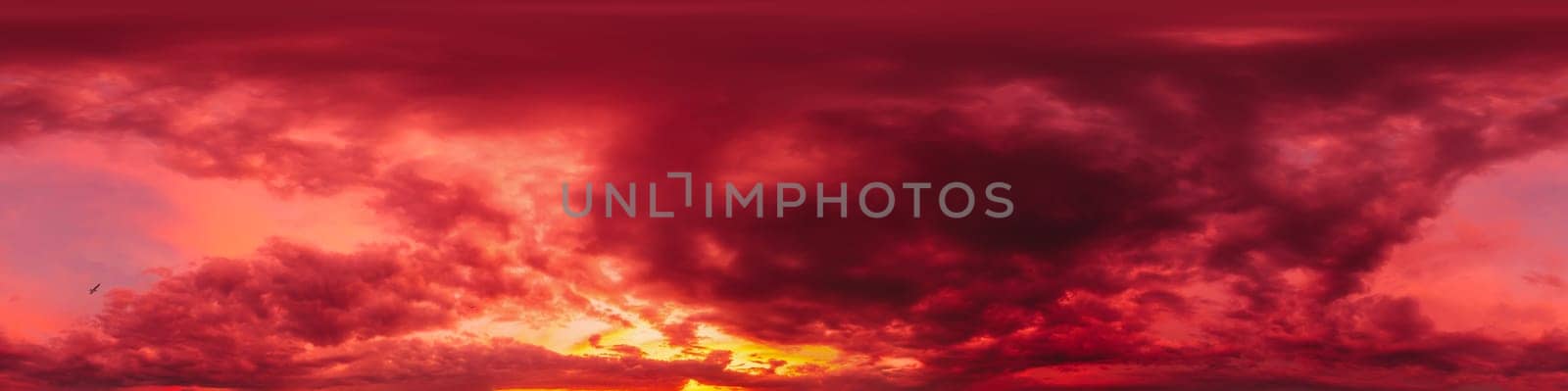 Dramatic sunset sky panorama with bright glowing red pink Cumulus clouds. HDR 360 seamless spherical panorama. Sky dome in 3D, sky replacement for aerial drone panoramas. Weather and climate change. by Matiunina