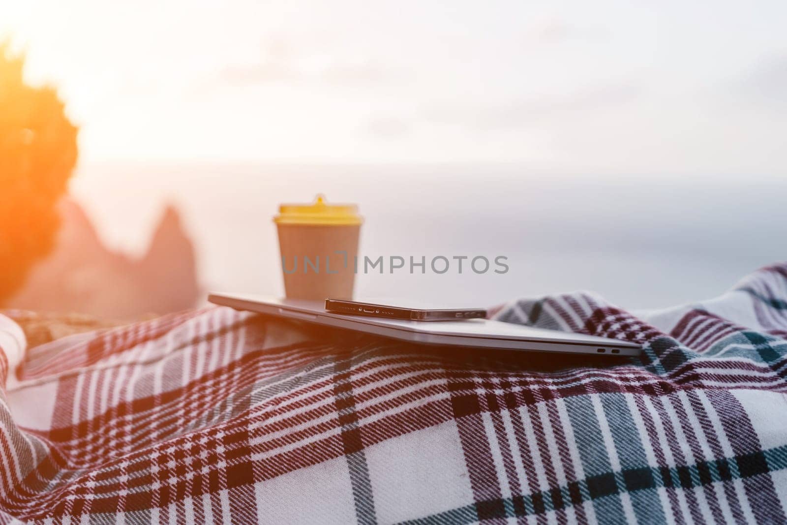 Laptop coffee on blanket with ocean view. Illustrating serene outdoor laptop use. Freelancer enjoying their time outdoors while working or browsing the internet. by Matiunina
