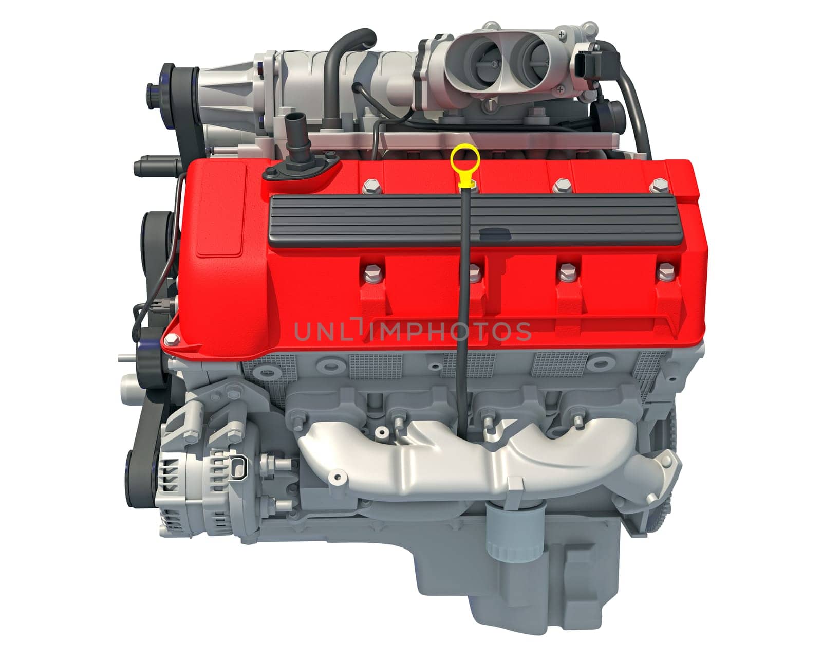 V8 Car Engine 3D rendering model on white background