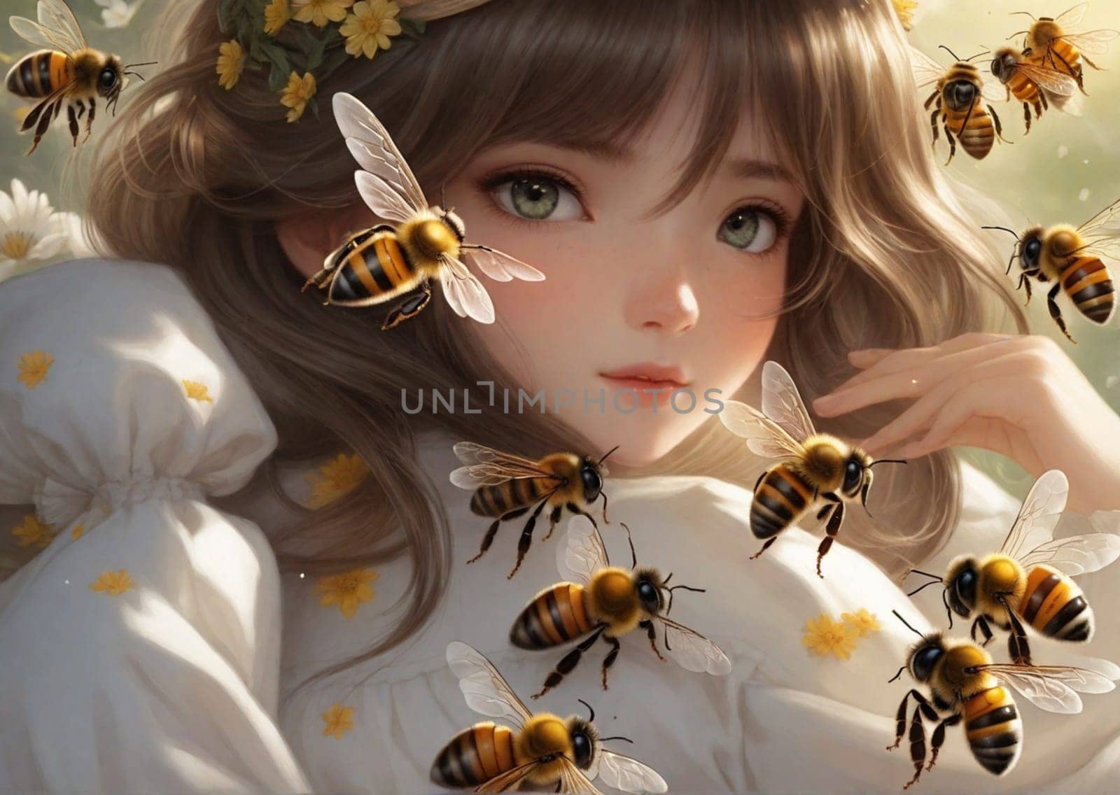 beautiful young woman surrounded by bees extracting honey from hives, springtime, illustration generative ai art