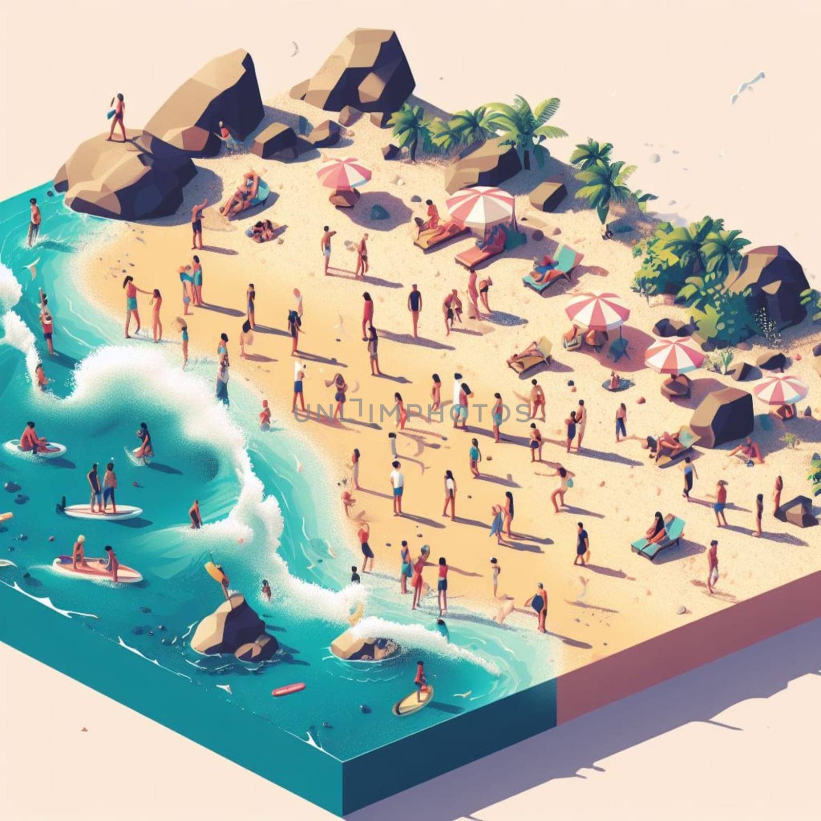 people having fun in the beach, isometric view, sea waves, 3d illustration by verbano