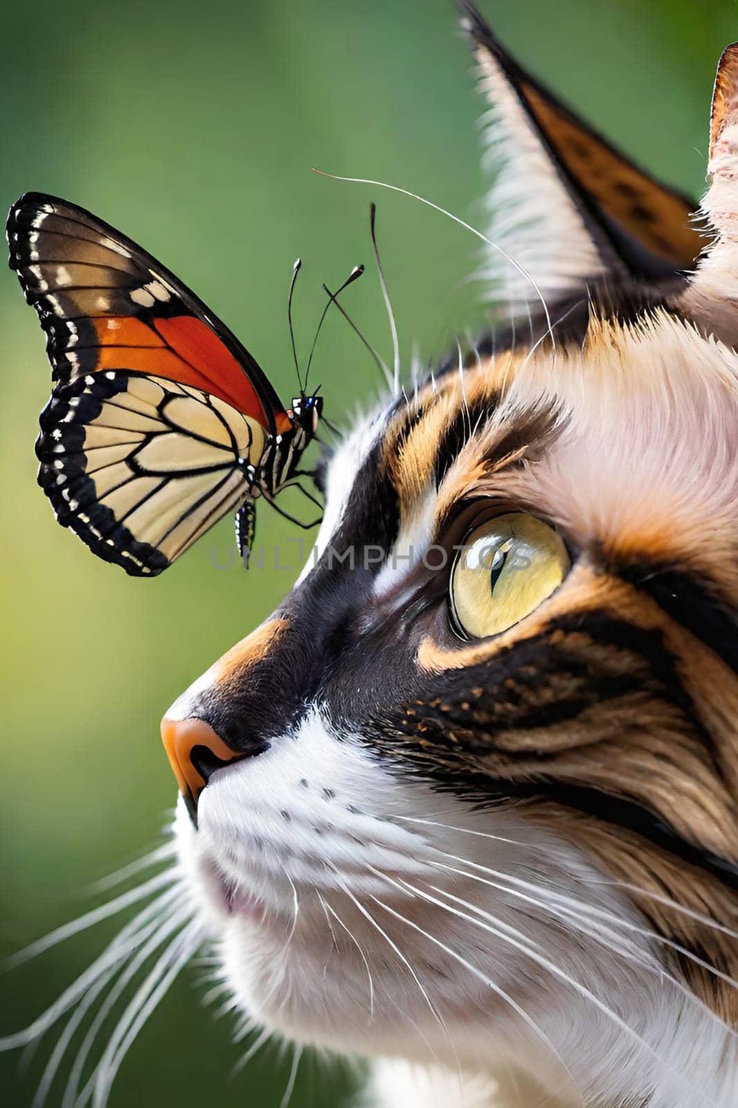 Close-up portrait of a beautiful cat with a butterfly.Portrait of a beautiful cat with a butterfly on background. Animal theme.
