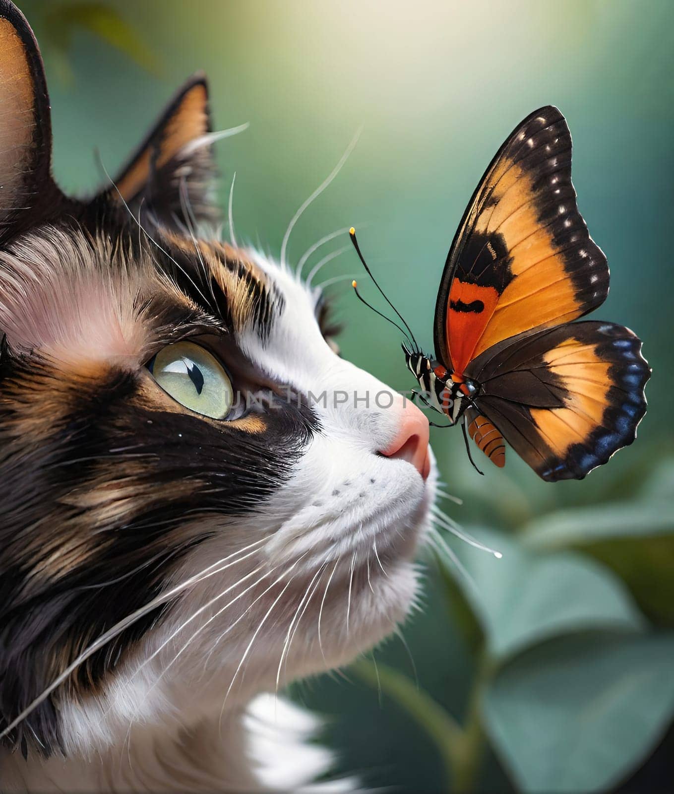 Close-up portrait of a beautiful cat with a butterfly.Portrait of a beautiful cat with a butterfly on background. Animal theme.