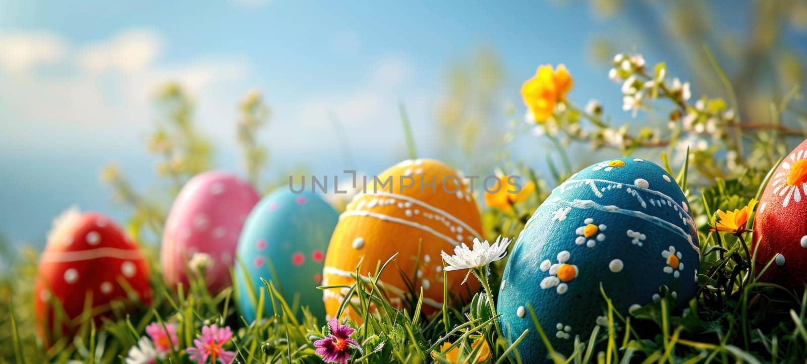 Happy Easter. Decorated Easter eggs on green grass on a sunny spring day. Easter banner with copy space