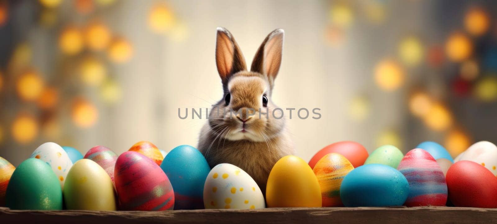 Easter cute bunny sitting among many colored eggs, holiday banner or greeting card with copy space
