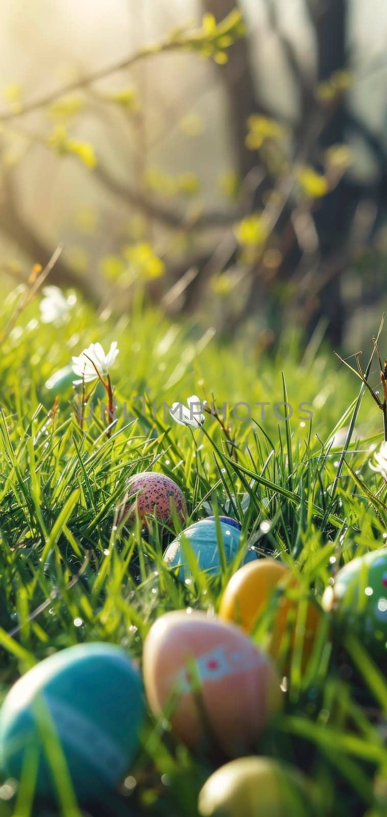 Happy Easter. Decorated Easter eggs on green grass on a sunny spring day. Easter vertical banner for smart phone with copy space