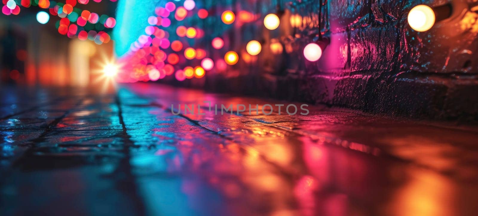 Disco style background with neon blue and purple lights, bokeh by andreyz