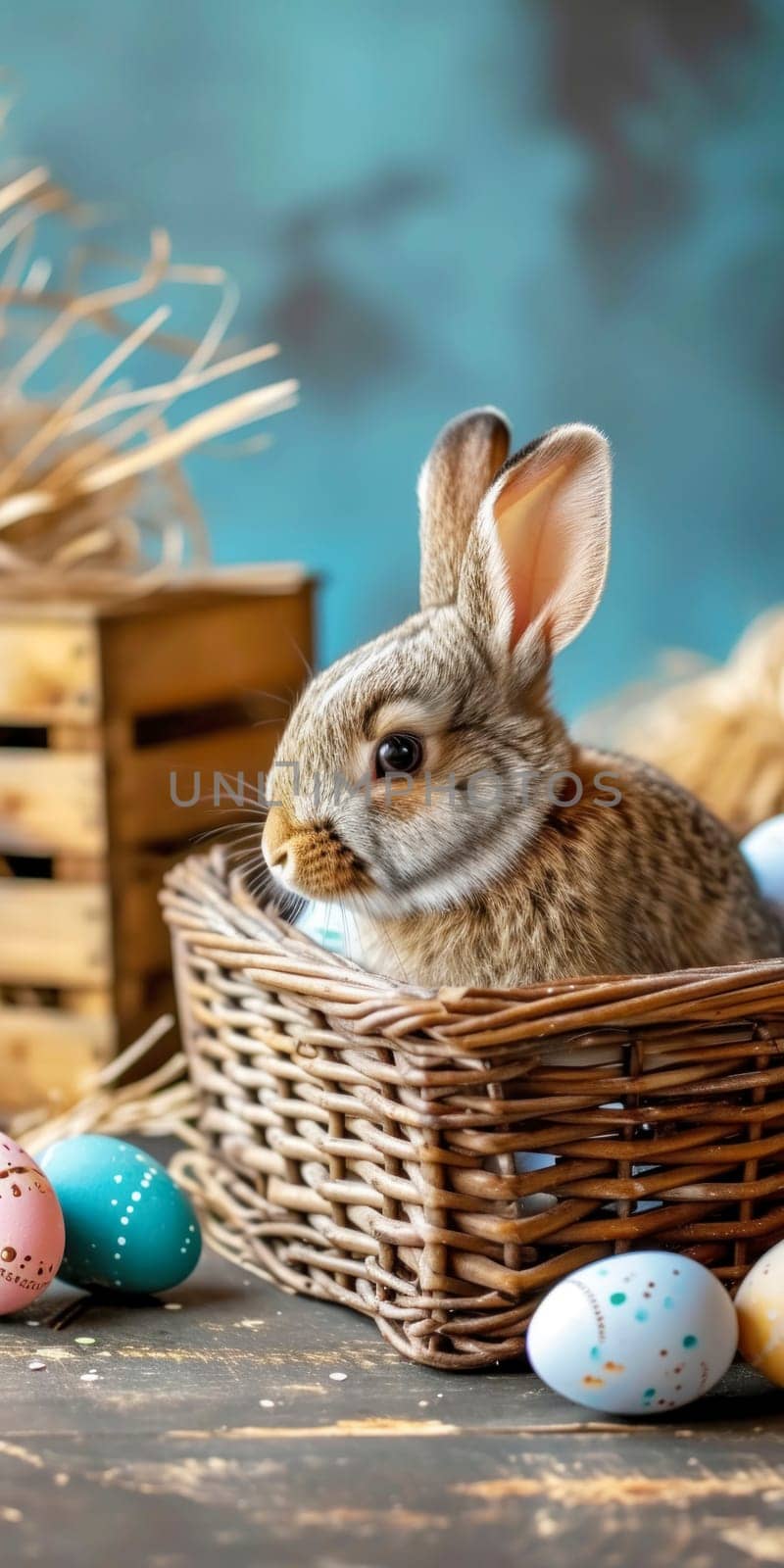 Cute Easter bunny in a wicker basket with dyed eggs on a wooden table. Easter vertical banner for smart phone with copy space