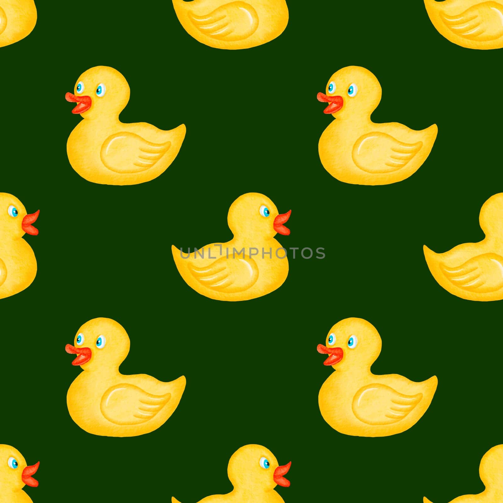 Watercolor seamless pattern. Yellow duck pattern. Toys. Bath duck background. Design for kids, children, textile, fabric, home decor. Rubber ducks for bath. Painted ornament. Dark background by Art_Mari_Ka