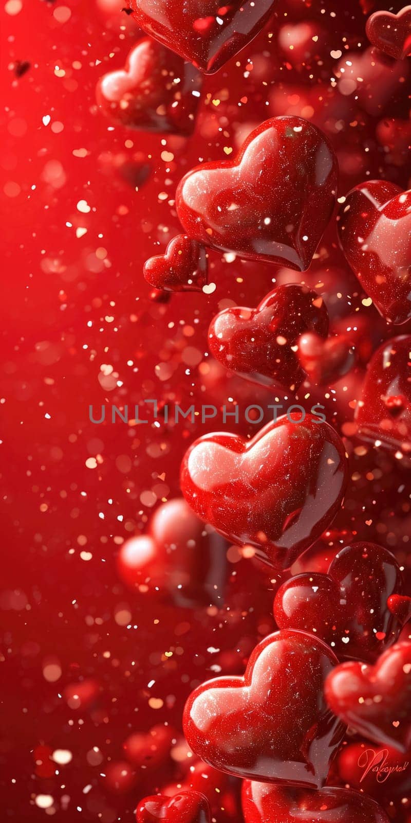 Red background with hearts for Valentine's Day. Vertical banner, voucher or greeting card for smartphone.