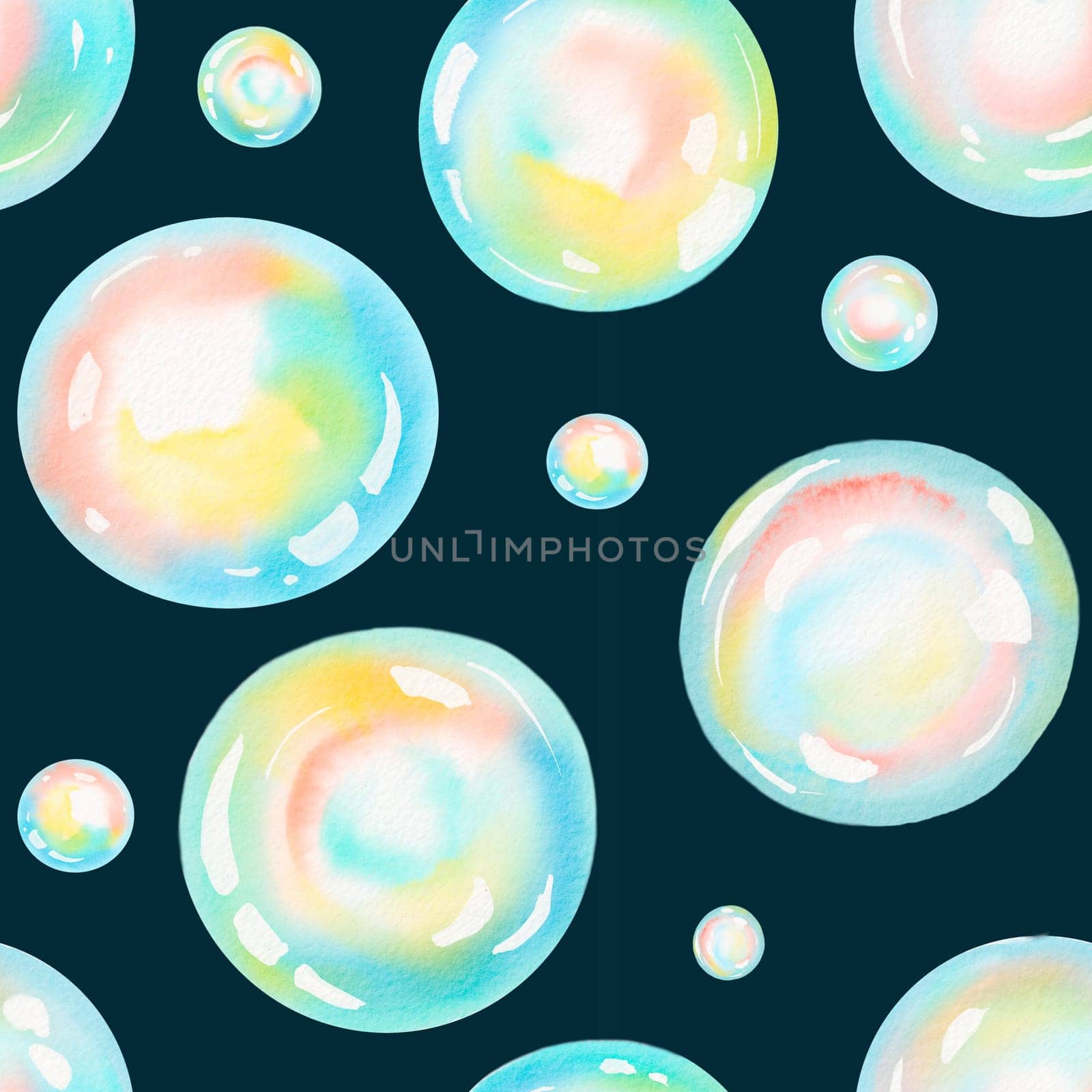 Watercolor circles seamless pattern (tiled). Round shapes elements. Painted ornament. colorful soap bubbles.