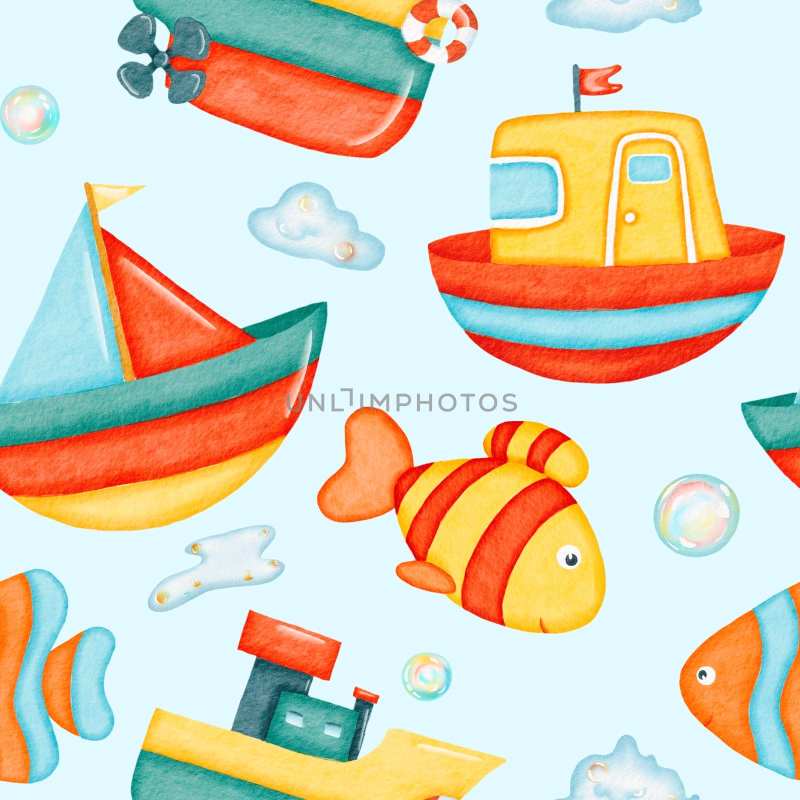 Watercolor seamless pattern. colorful fish, toy boats and colorful soap bubbles pattern. Bathroom background. Design for kids, children, textile, fabric, home decor. Painted ornament.
