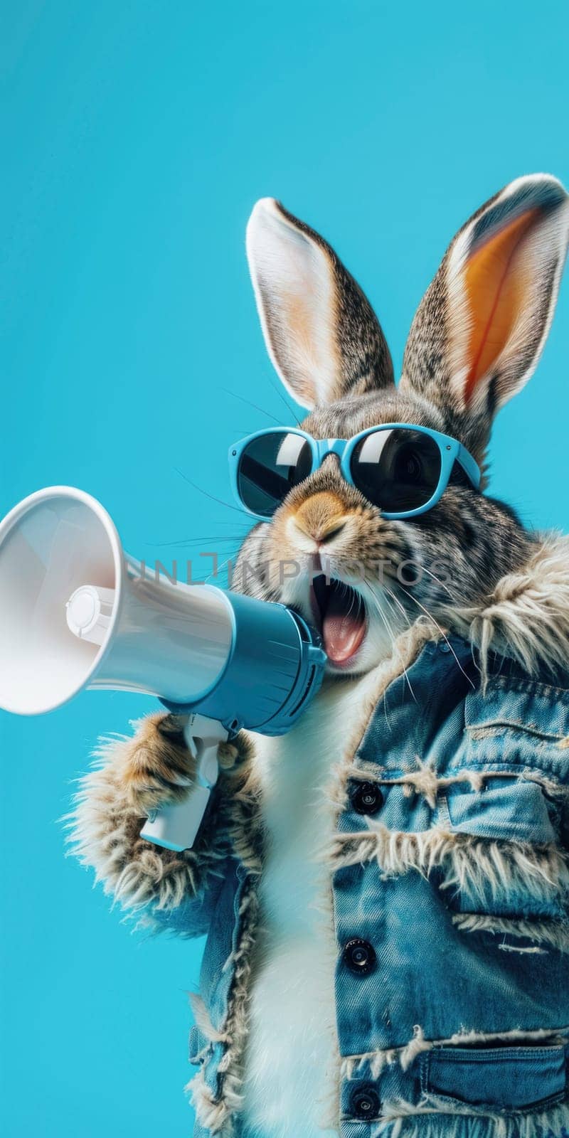 Cool bunny in sunglasses with megaphone on blue background. Easter vertical banner for smartphone
