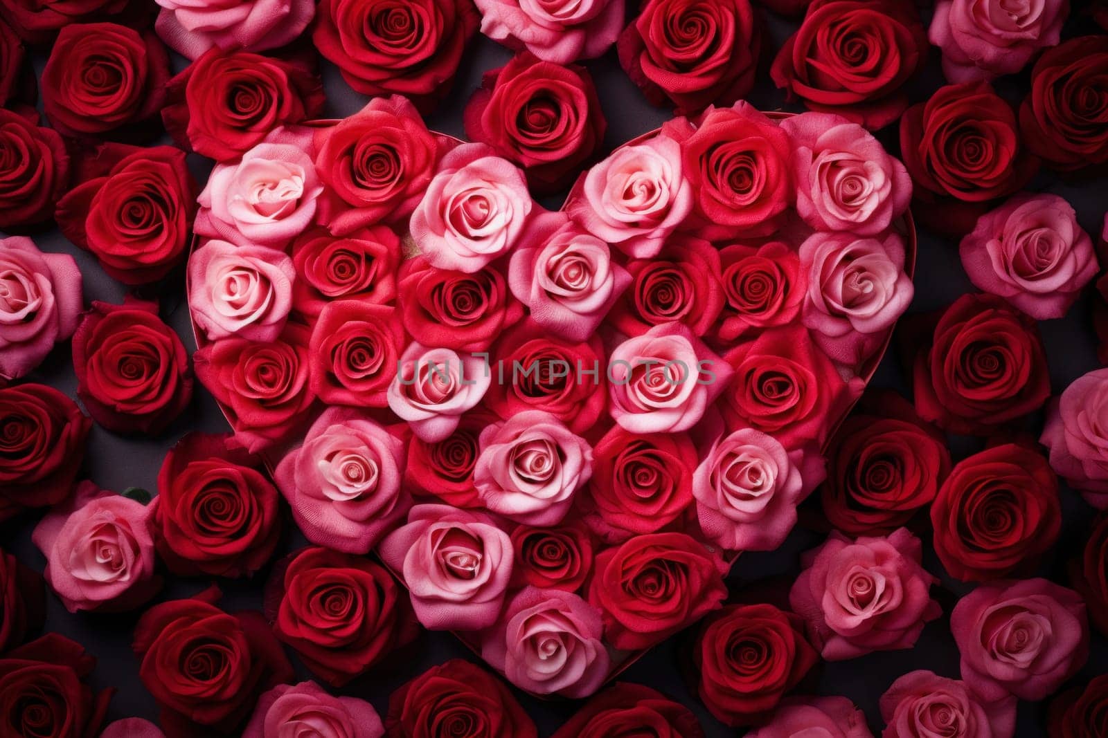 Rose flowers are artfully arranged in the shape of a heart, creating a romantic floral masterpiece. Valentine's Day background. Top view background.