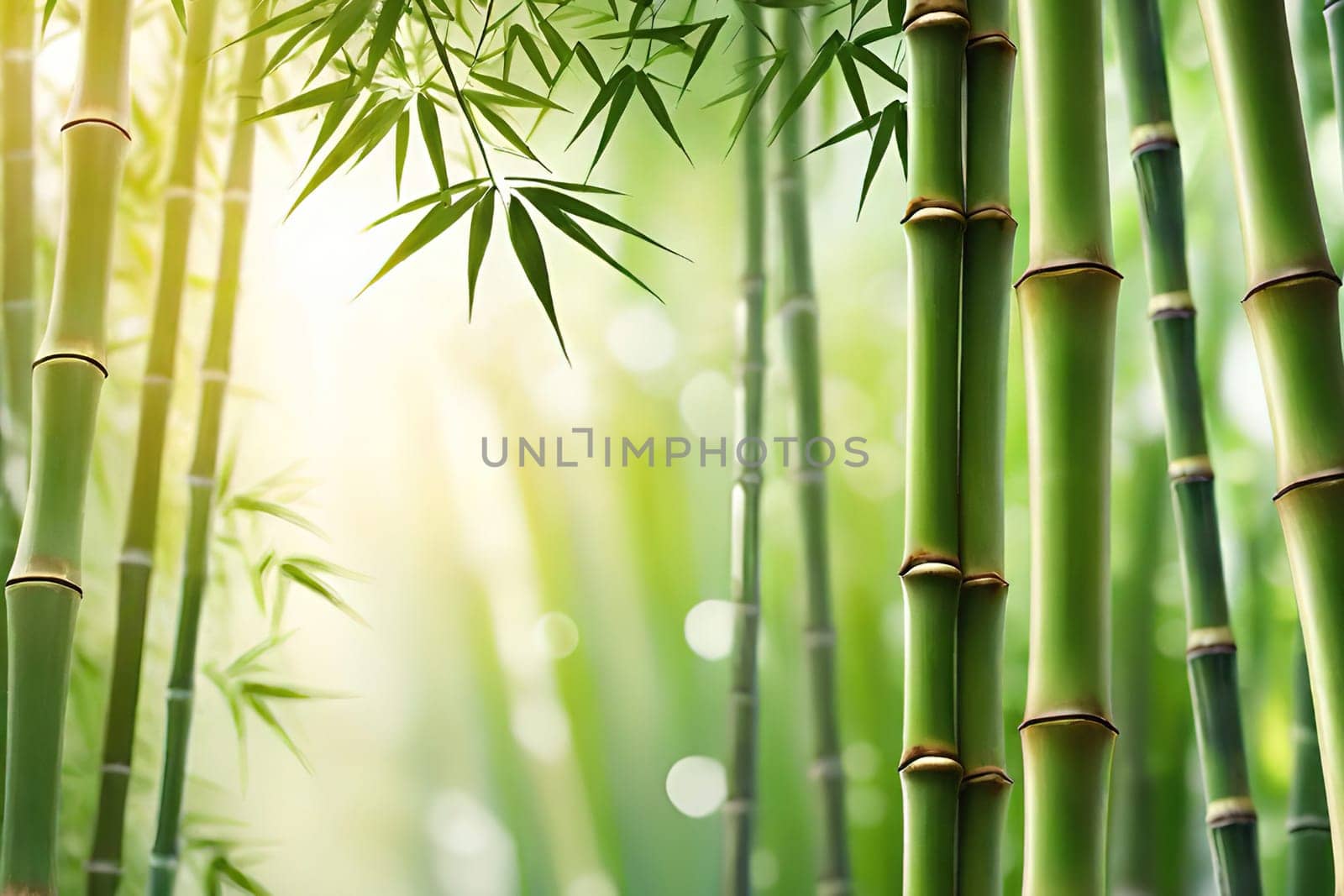 Bamboo forest with green leaves. Beautiful nature background. Vector illustration.Bamboo forest with sunlight and bokeh. Natural background.Green bamboo forest in the morning. Nature background. Shallow depth of field.