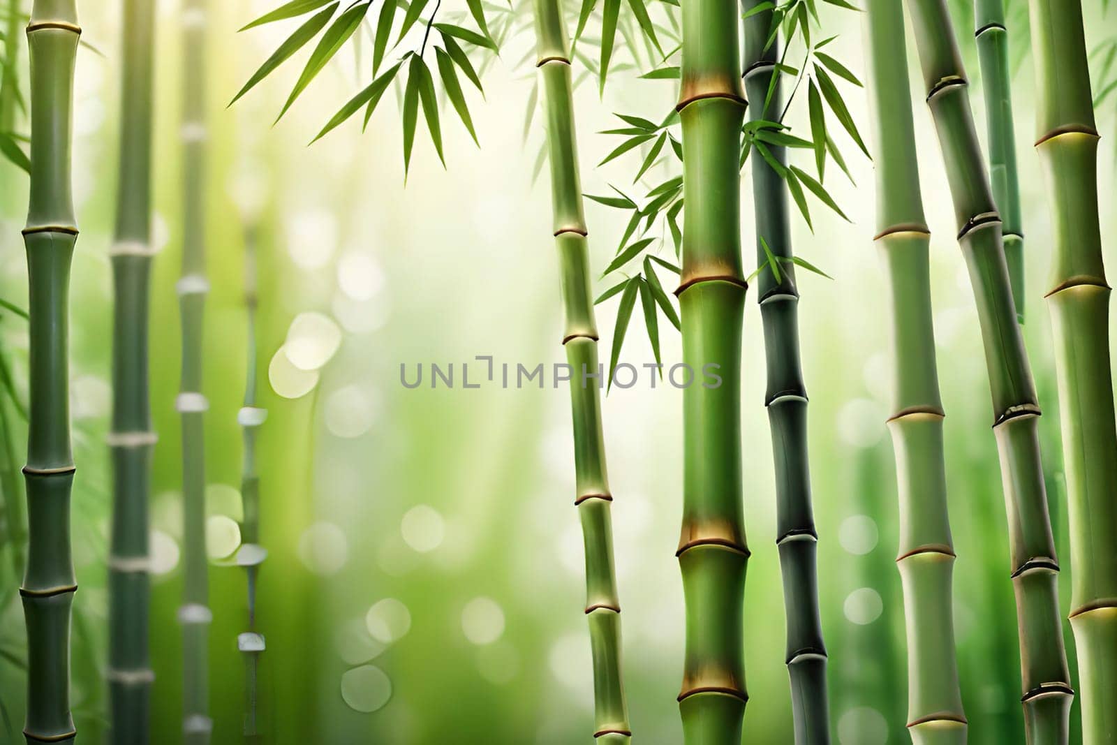 Bamboo forest with green leaves. Beautiful nature background. Vector illustration.Bamboo forest with sunlight and bokeh. Natural background.Green bamboo forest in the morning. Nature background. Shallow depth of field.