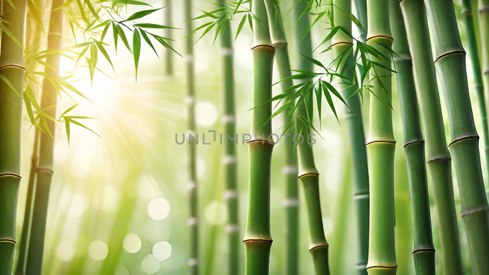 Bamboo forest with green leaves. Beautiful nature background. Vector illustration.Bamboo forest with sunlight and bokeh. Natural background.Green bamboo forest in the morning. Nature background. Shallow depth of field.