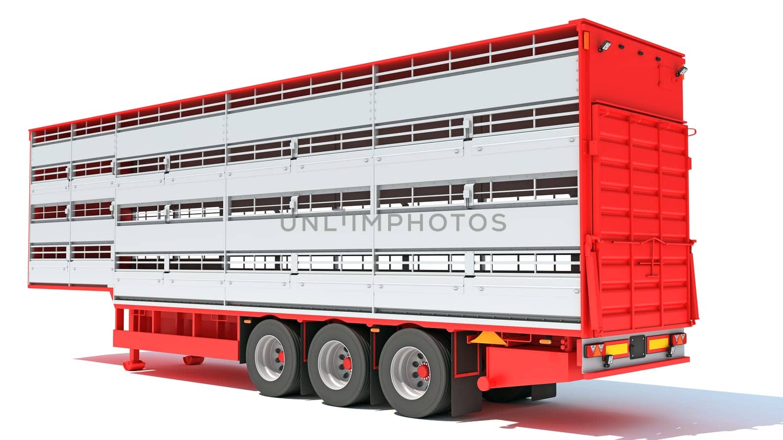 Cattle Animal Transporter semi trailer 3D rendering model on white background