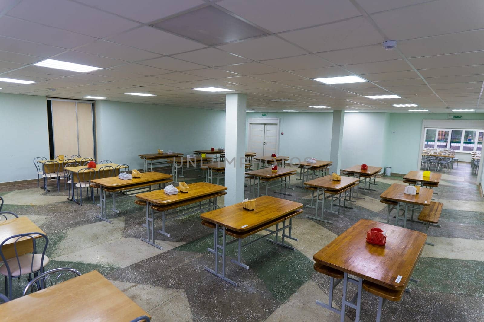 Cafeteria, dining room in university, cafe with tables and chairs, counter bar hotel. by Zelenin