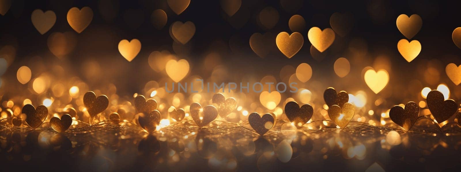 Beautiful golden hearts on a dark bokeh background. Selective focus. Generative AI, by mila1784