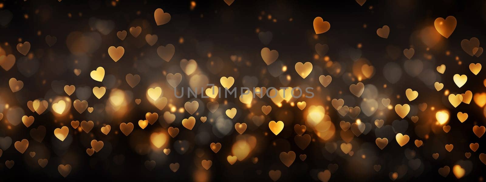 Beautiful golden hearts on a dark bokeh background. Selective focus. Generative AI, by mila1784