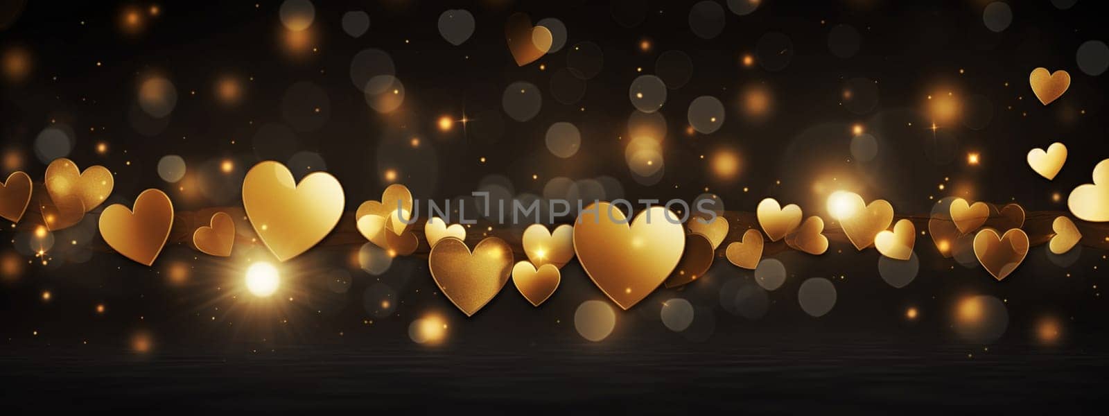 Beautiful golden hearts on a dark bokeh background. Selective focus. Holiday Generative AI,