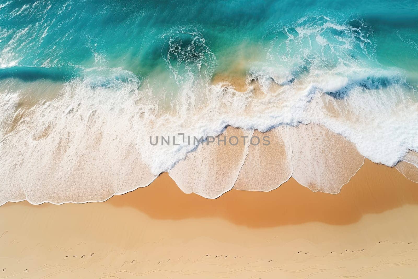 Aerial view of sandy tropical beach in summer. Aerial landscape of sandy beach and ocean with waves viewed from a drone by papatonic