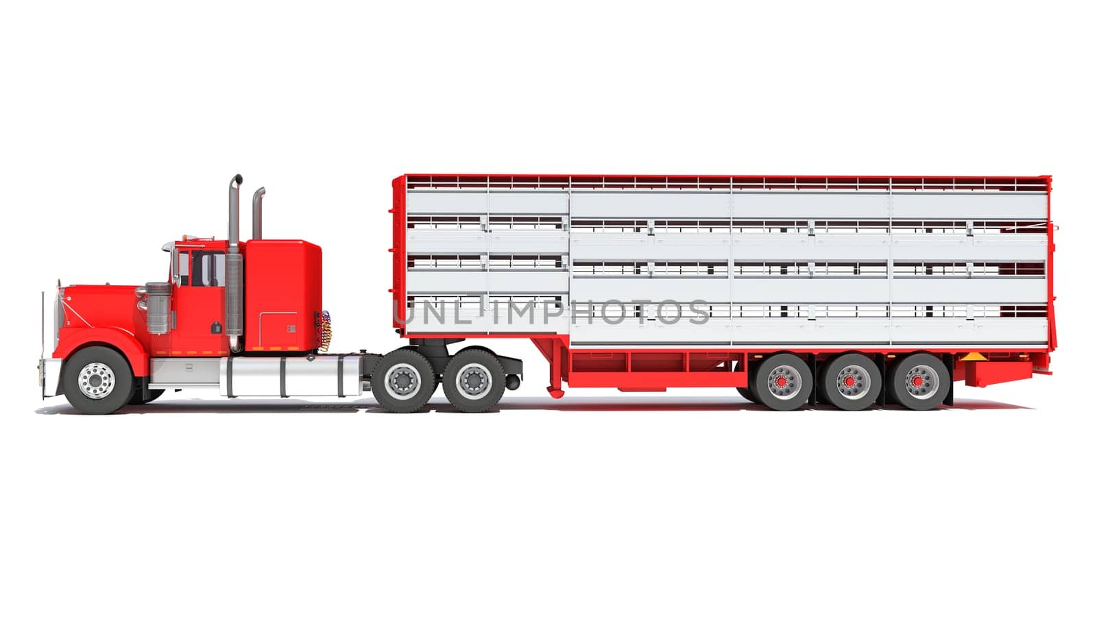 Truck with Animal Transporter Trailer 3D rendering model on white background